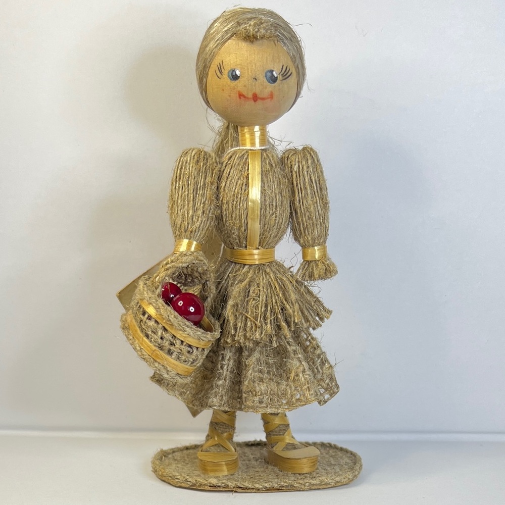 Vintage (1997) Belarusian Russian Folk Art Flax Girl Doll Holding Berry Basket